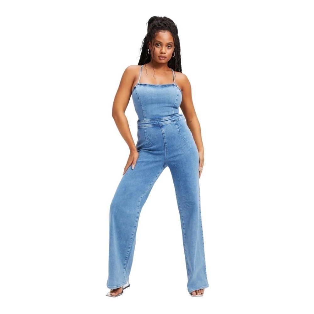 GOOD AMERICAN Vacay Denim Tie Back Flare Leg Jumpsuit NWT Size 0 - Picture 5 of 13
